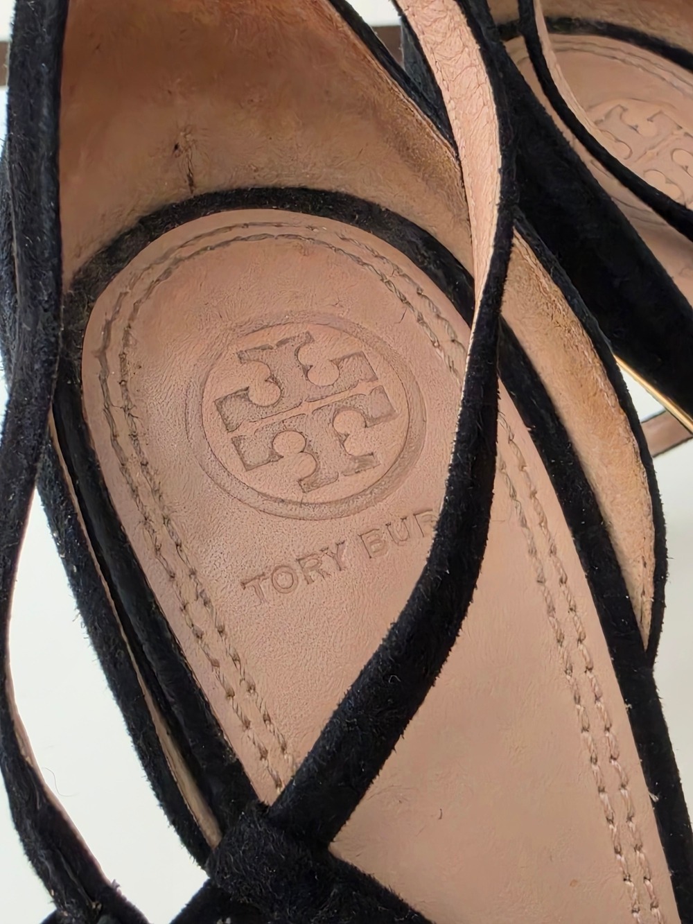Tory Burch Belleville Black Suede Pointed Toe Ankle Tie Heels with Gold Trim - Picture 7 of 9